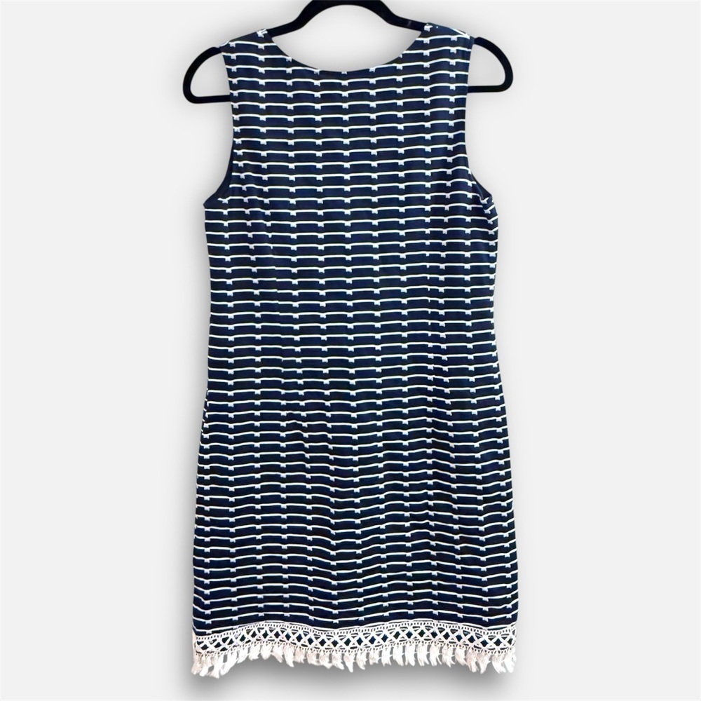 Sara Campbell Navy Stripe Shift Dress Tassel Fringe Hem Fully Lined Stretch M - Picture 13 of 13